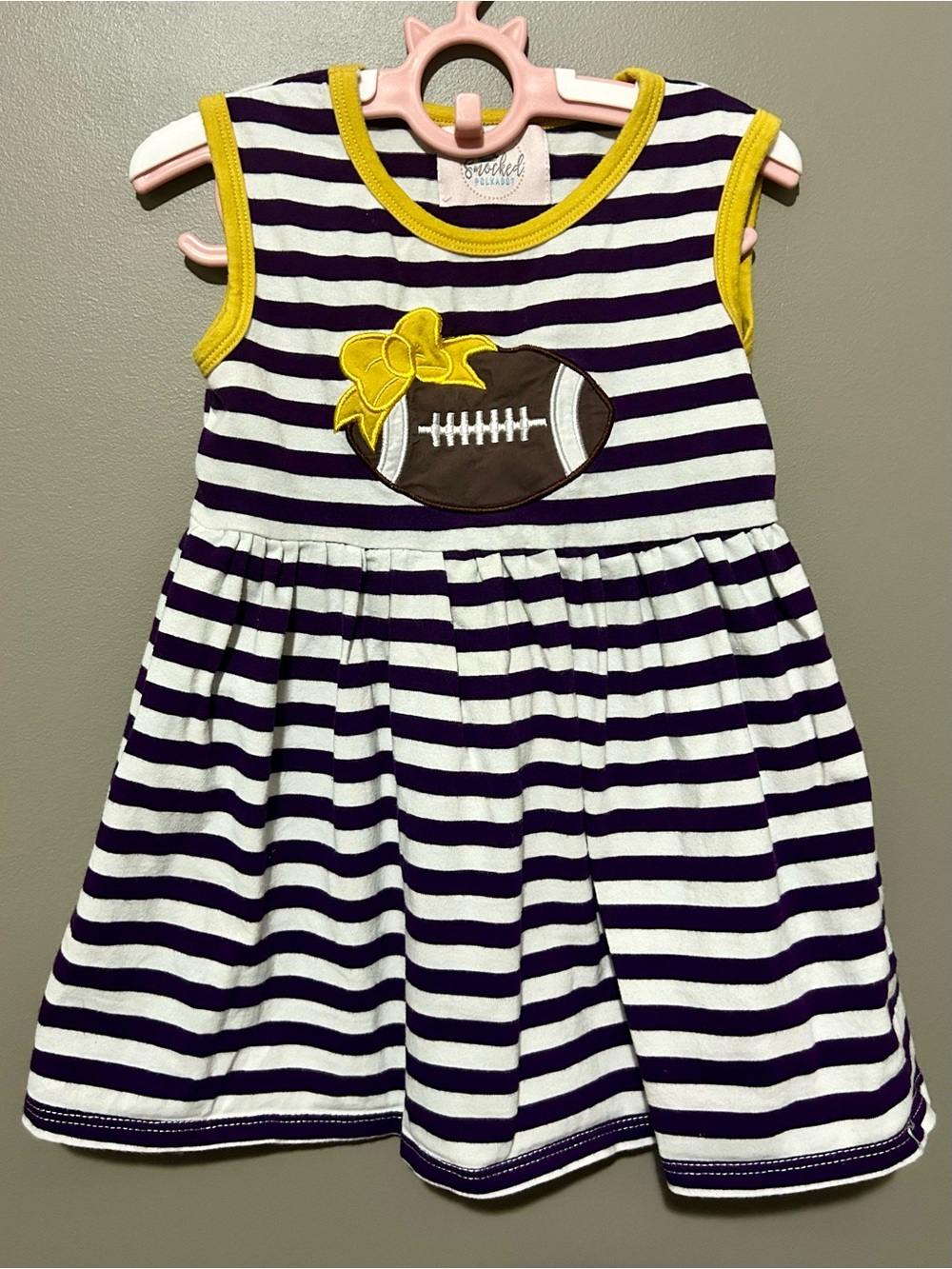 Girls Purple & White Striped Sleeveless Dress with Football Appliqué